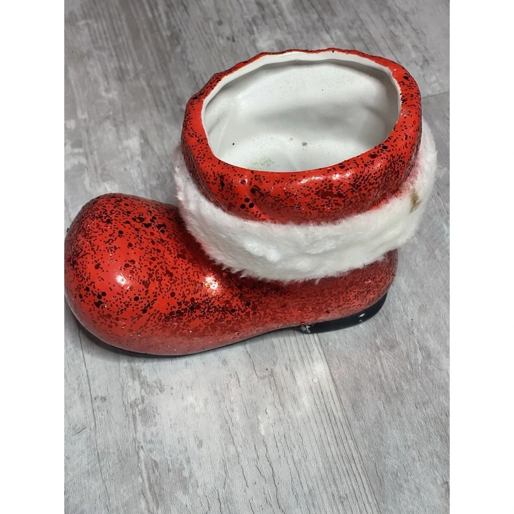 Vintage Christmas Red Santa Boot Planter‎ Green Holly